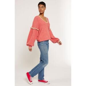 Joie Bodie V Neck Ruffle Sleeve Sweater Size Red Ponciana Cozy Feminine Chic